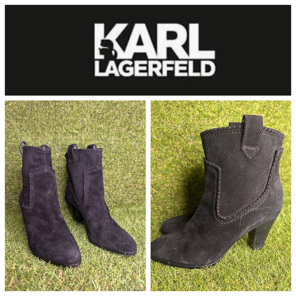 Karl Lagerfeld Provence Black Suede Heeled Ankle Booties 8‎